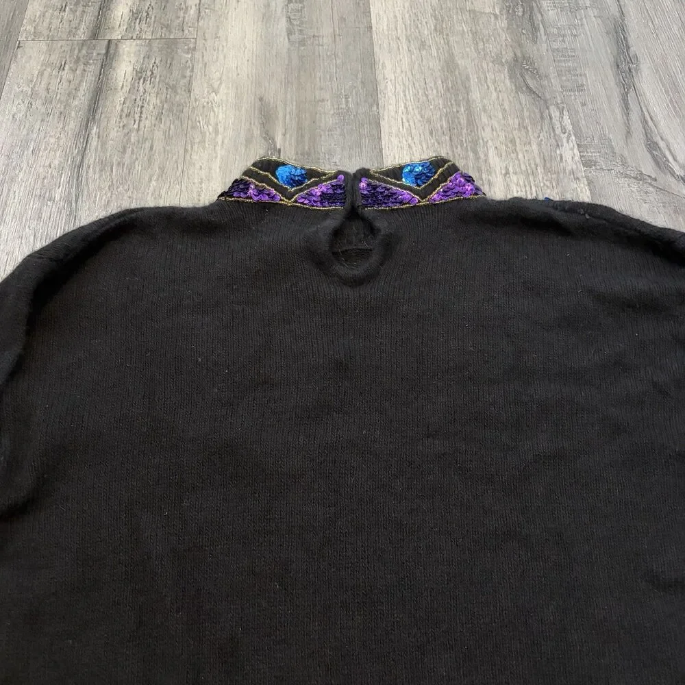 Vintage 80s Sweater Joule Energy Womens Medium Black Pink Bead Gems Angoral Silk
